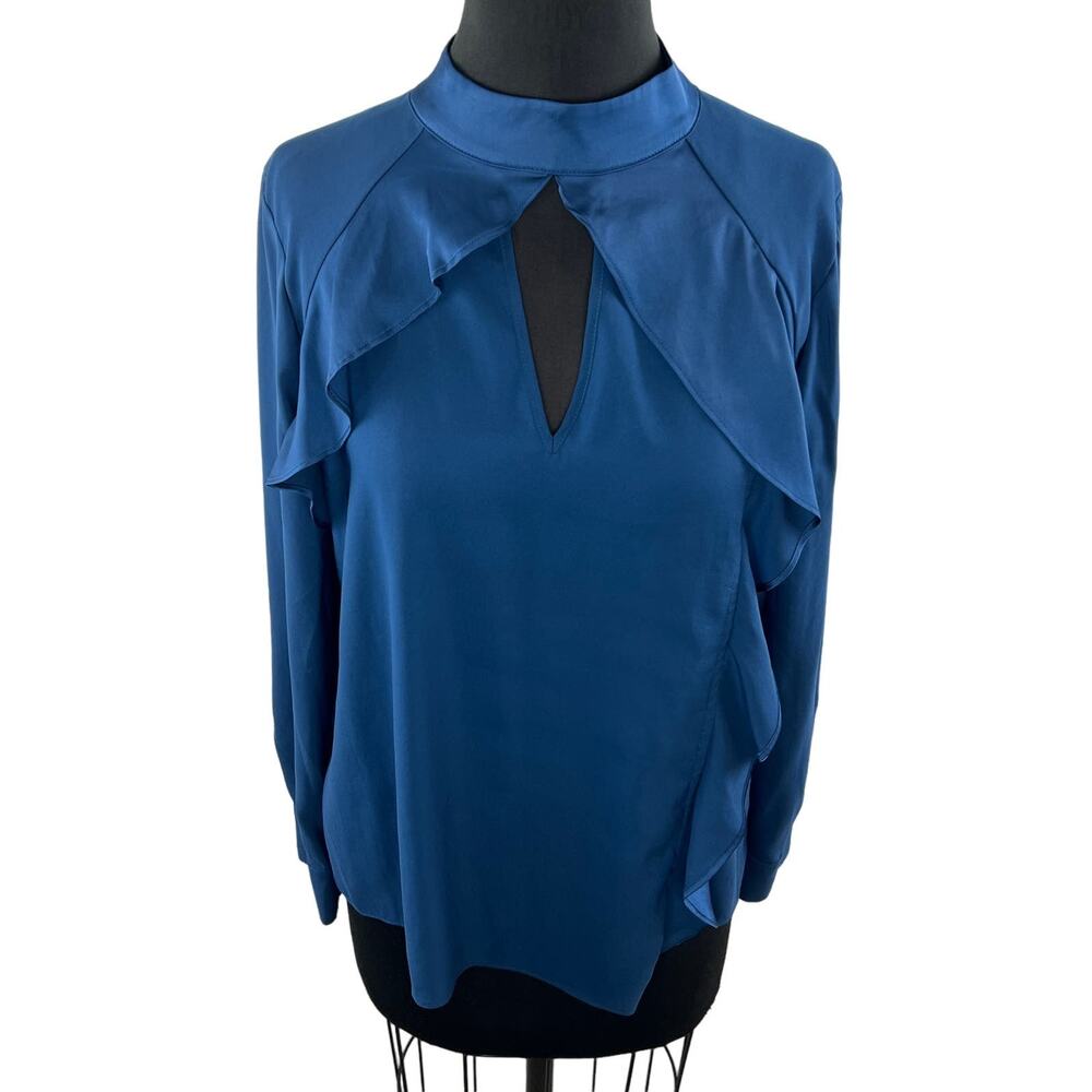PARKER Blouse Top Back Stretch Back Keyhole Mock Neck Ruffle Size Medium M